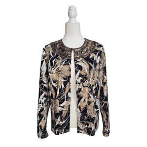 Chico's women's satin black & tan beaded long sleeve blazer size 2/12